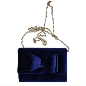 INC Velvet Evening Bag With Bow Dark Blue Chain Strap 7Lx5Hx1W